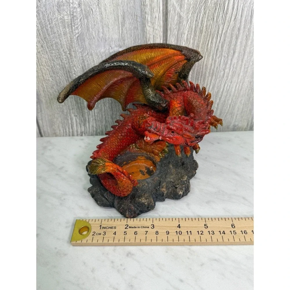 Red Dragon Tea Light Candle Holder Fantasy Figurine Statue Home Decor Red Gold